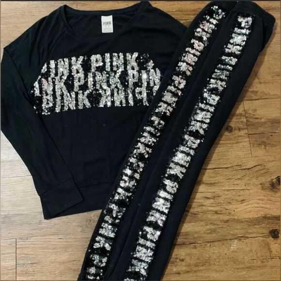 PINK VS SILVER LOGO BLING SWEATSHIRT/ JOGGER PANTS OUTFIT SET M - Picture 1 of 14